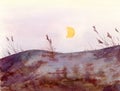 Watercolor - landscape view with rocks hill, grass and moon