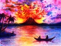 Watercolor landscape with volcano, lava and smoke, colorful sky, dark silhouette of palm trees, people on river, sea, ocean, abstr