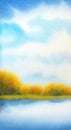 Watercolor landscape. White clouds on blue sky over lake