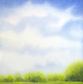 Watercolor landscape. White clouds on blue sky over lake Royalty Free Stock Photo
