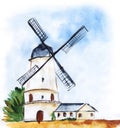 Watercolor landscape of windmill against gentle blue sky with fluffy clouds and blurry green bushes. High white construction with Royalty Free Stock Photo