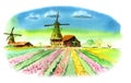 Watercolor landscape, windmills with blooming fields