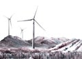 Watercolor landscape Windmills wind turbine park hills, field grass, mountains. Painted illustration Royalty Free Stock Photo