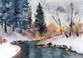 Watercolor landscape with a winter forest growing on the snowy river Royalty Free Stock Photo