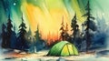 watercolor landscape winter spruce forest, camping tent, northern lights Royalty Free Stock Photo