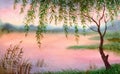 Watercolor landscape. Young willow branches bent over the evening pond