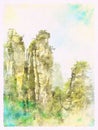 Watercolor Landscape of Zhangjiajie National Forest Park