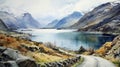 Watercolor Landscapes Of Norway Fjord With Road In The Middle