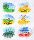 Watercolor landscapes symbols Royalty Free Stock Photo