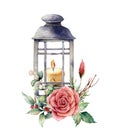 Watercolor lantern with candle and holiday decor. Hand painted traditional lantern with rose and plant isolated on white