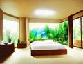 Watercolor of large and beautiful home luxurious bedroom