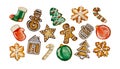 watercolor Large collection of Christmas gingerbread cookies with white and colored glaze,hand painting on paper, white background Royalty Free Stock Photo