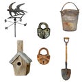 A watercolor large set of arm instruments: bucket, shovel, locks and birds house