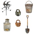 A watercolor large set of arm instruments: bucket, shovel, locks and birds house