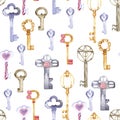 Watercolor large and small door keys seamless pattern