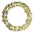 Watercolor Laurel wreath with Golden leaves and Golden watercolor splashes isolated on white background.