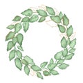 Watercolor laurel wreath of green and gold leaves isolated on a white background.