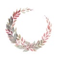 Watercolor laurel wreath with pink and gray leaves, isolated on a white background. Hand-drawing.