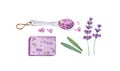 Watercolor lavender body care accessories. Bath salt, soap, cream, brush, flowers. Set of isola ated spa and cosmetic