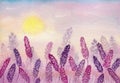Watercolor lavender field in purple and pink hues, beautiful nature abstract landscape design Royalty Free Stock Photo