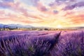 Watercolor lavender field sunset. Generate Ai Royalty Free Stock Photo