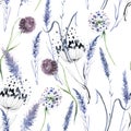 Watercolor lavender flower, grass seamless pattern in vintage hand drawn style. Elegant floral background illustration.Watercolo