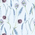 Watercolor lavender flower, grass seamless pattern in vintage hand drawn style. Elegant floral background illustration.Watercolo