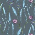 Watercolor lavender flower, grass seamless pattern in vintage hand drawn style. Elegant floral background illustration.Watercolo