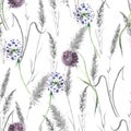 Watercolor lavender flower, grass seamless pattern in vintage hand drawn style. Elegant floral background illustration.Watercolo