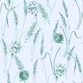 Watercolor lavender flower, grass seamless pattern in vintage hand drawn style. Elegant floral background illustration.Watercolo