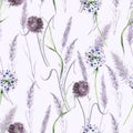 Watercolor lavender flower, grass seamless pattern in vintage hand drawn style. Elegant floral background illustration.Watercolo