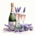 Watercolor Lavender Flowers And Champagne: A Romantic Illustration Royalty Free Stock Photo