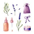 Watercolor Lavender flowers and leaves. Aromatherapy and spa elements: sashet, candle, essential oil. Royalty Free Stock Photo