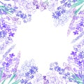 Watercolor lavender flowers on a white background. Round floral frame. Invitation, greeting card or an element for your design. Royalty Free Stock Photo