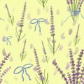 Watercolor lavender seamless pattern with blue bows and spots on yellow background. print, linen, bedding, packaging, wallpaper, t