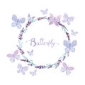 Watercolor lavender wreath with butterfly Royalty Free Stock Photo