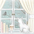 Watercolor and lead pencil graphic composition with cat, coffee, and books on the window with winter landscape