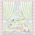 Watercolor and lead pencil graphic composition with coffee, cake, book and cat sitting on the window with green curtains and summ Royalty Free Stock Photo