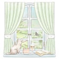 Watercolor and lead pencil graphic composition with coffee, cake, book and cat sitting on the window with green curtains and summ Royalty Free Stock Photo