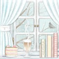 Watercolor and lead pencil graphic composition with coffee, cake and books on the window with blue curtains and winter landscape