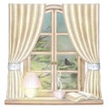 Watercolor and lead pencil graphic composition with tea, glowing lamp and book on the window with night landscape Royalty Free Stock Photo