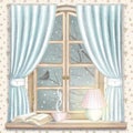 Watercolor and lead pencil graphic composition with tea, glowing lamp and book on the window with night winter landscape Royalty Free Stock Photo