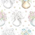 Watercolor and lead pencil graphic seamless pattern with flowers in vases Royalty Free Stock Photo