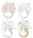 Watercolor and lead pencil graphic set of roses and chrysanthemum in vases Royalty Free Stock Photo