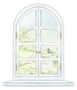 Watercolor and lead pencil window with spring landscape