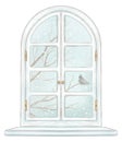 Watercolor and lead pencil window with winter landscape