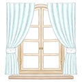 Watercolor and lead pencil wooden window with blue curtains