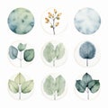 Watercolor Leaf Circle Plates - Set Of 8 Soft Edges Atmospheric Illustrations