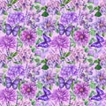 Watercolor leaves and flowers, botanical illustration. Violet Floral seamless pattern.