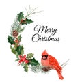 Watercolor leaves wreath with Bullfinches and holly. Royalty Free Stock Photo